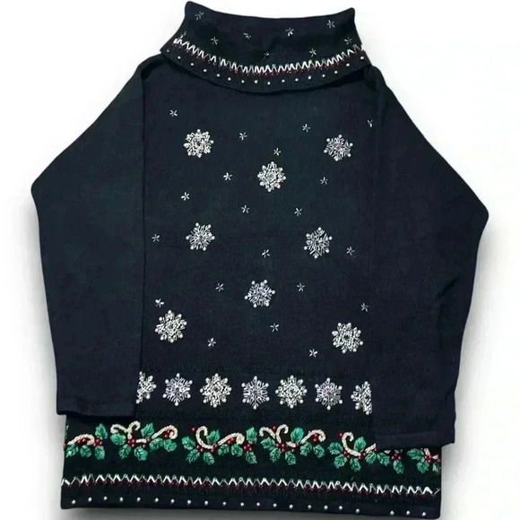Vintage 90s‎ black pullover knit beaded snowflake sweater L cowl turtle neck EUC - Picture 6 of 9